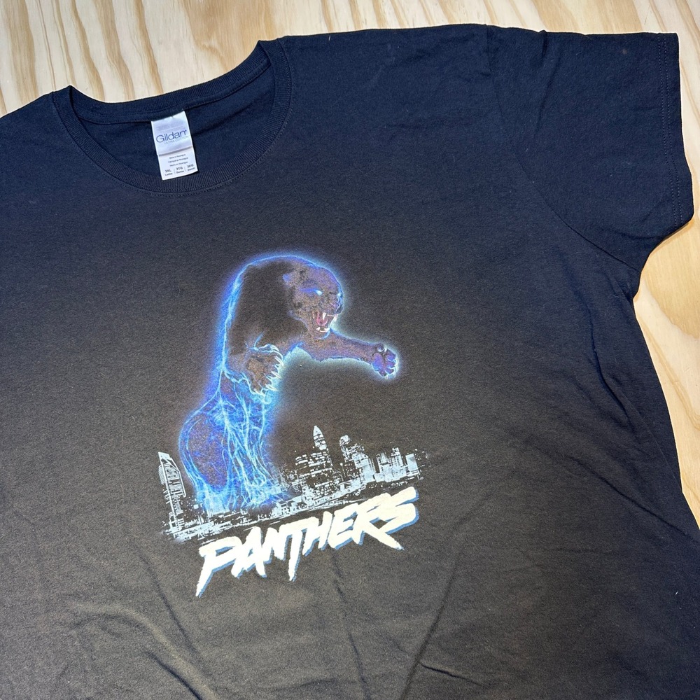 Gildan Charlotte Panthers Graphic T-Shirt Ladies 3XL Black Blue Neon Skyline